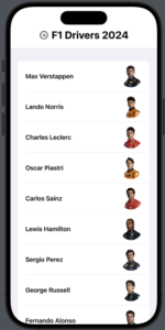 iPhone simulator showing F1 Drivers 2024 list with driver names and circular headshot photos